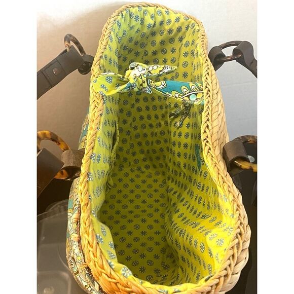 Vera Bradley Peacock Floral Straw Wicker Fabric Tote Bag Blue Green Large - Picture 10 of 11